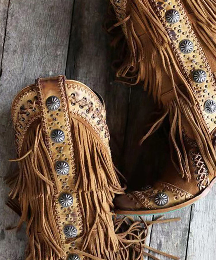 Brown Tassel Embroidery Splicing Chunky Cowboy Boots