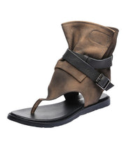 Brown Thong Sandals Boots Cowhide Leather Vintage Splicing Buckle Strap