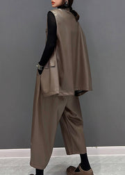 Brown V Neck Faux Leather Waistcoat And Straight Pants Two Pieces Set Fall