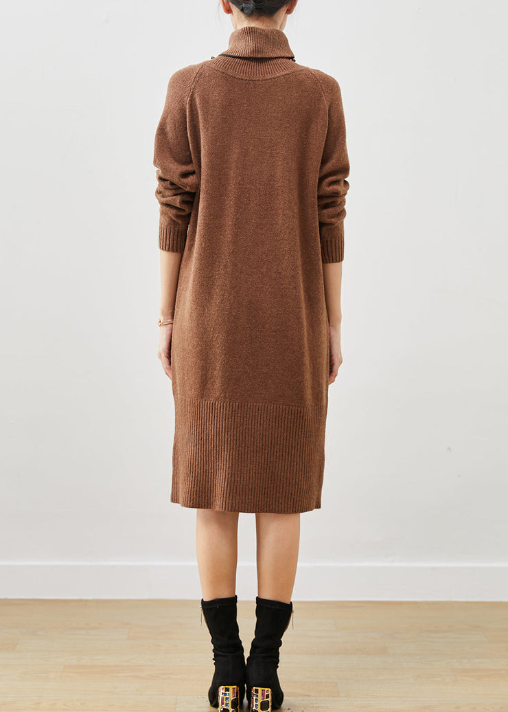 Brown Warm Knitwear Dress Turtle Neck Winter