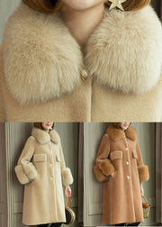 Camel Button Patchwork Teddy Faux Fur Coats Peter Pan Collar Long Sleeve