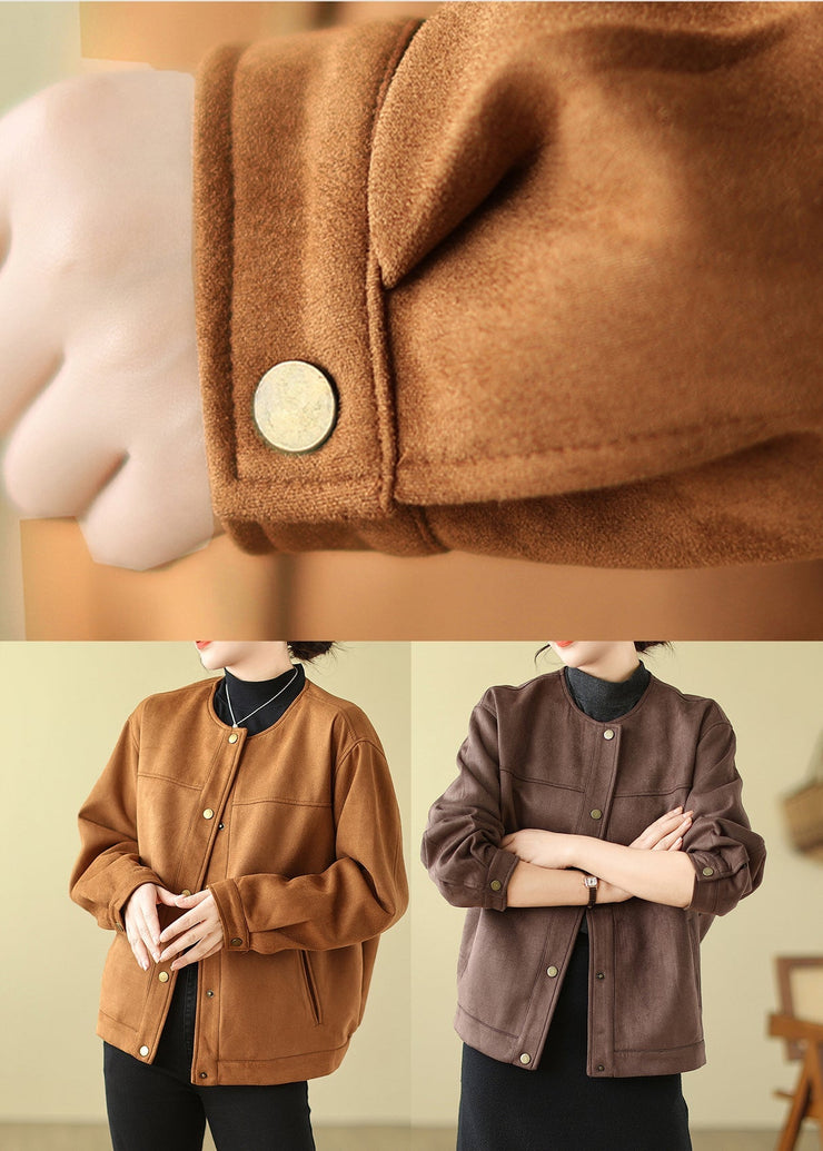 Camel Faux Suede Jacket O-Neck Oversized Spring