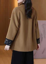 Camel Mink Hair Patchwork Wool Coat V Neck Spring