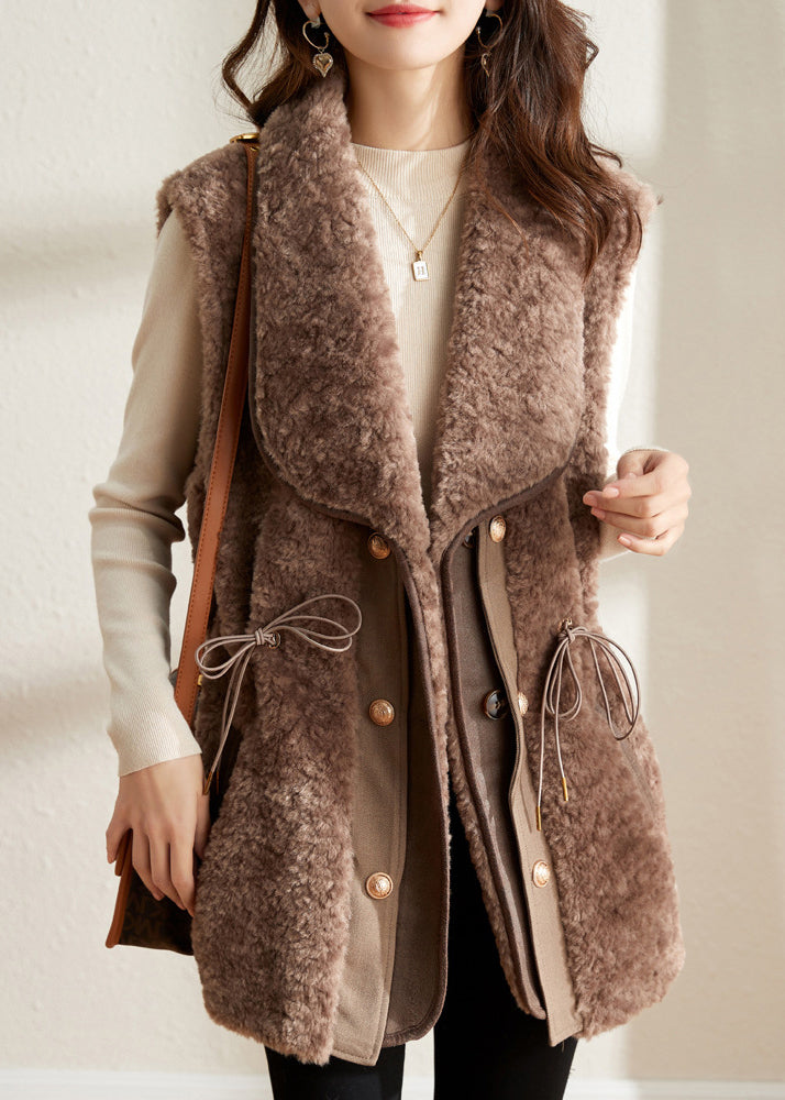 Camel Notched Drawstring Patchwork Thick Faux Fur Waistcoat Fall