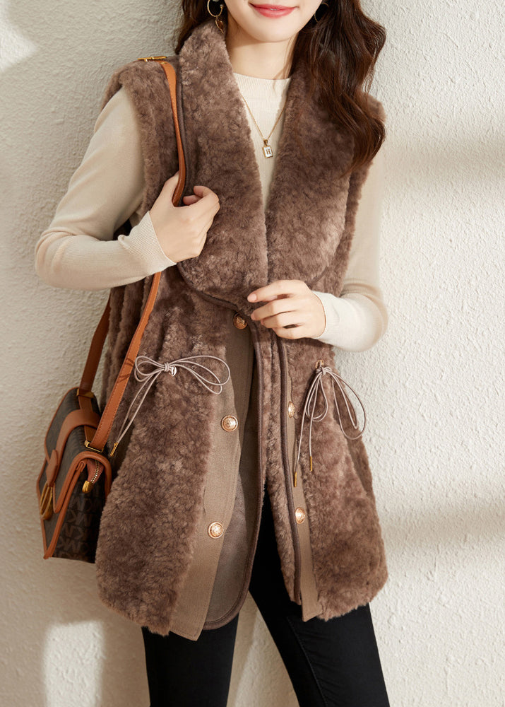 Camel Notched Drawstring Patchwork Thick Faux Fur Waistcoat Fall