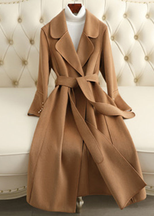 Camel Notched Tie Waist Woolen Long Coats Fall