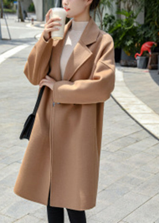 Camel Notched Tie Waist Woolen Long Coats Fall