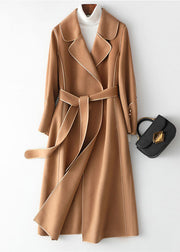 Camel Notched Tie Waist Woolen Long Coats Fall