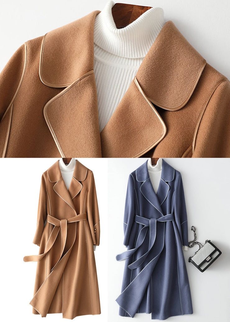 Camel Notched Tie Waist Woolen Long Coats Fall