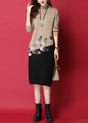 Camel Patchwork Knitted Sweater Dress Leaf Sequins Long Sleeve