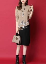 Camel Patchwork Knitted Sweater Dress Leaf Sequins Long Sleeve