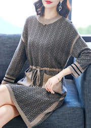 Camel Patchwork Long Knit Dress Pockets Tie Waist Long Sleeve