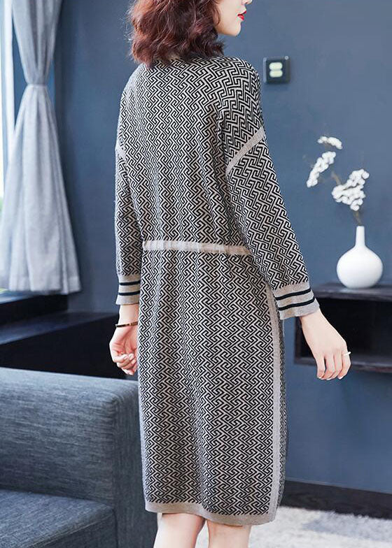 Camel Patchwork Long Knit Dress Pockets Tie Waist Long Sleeve