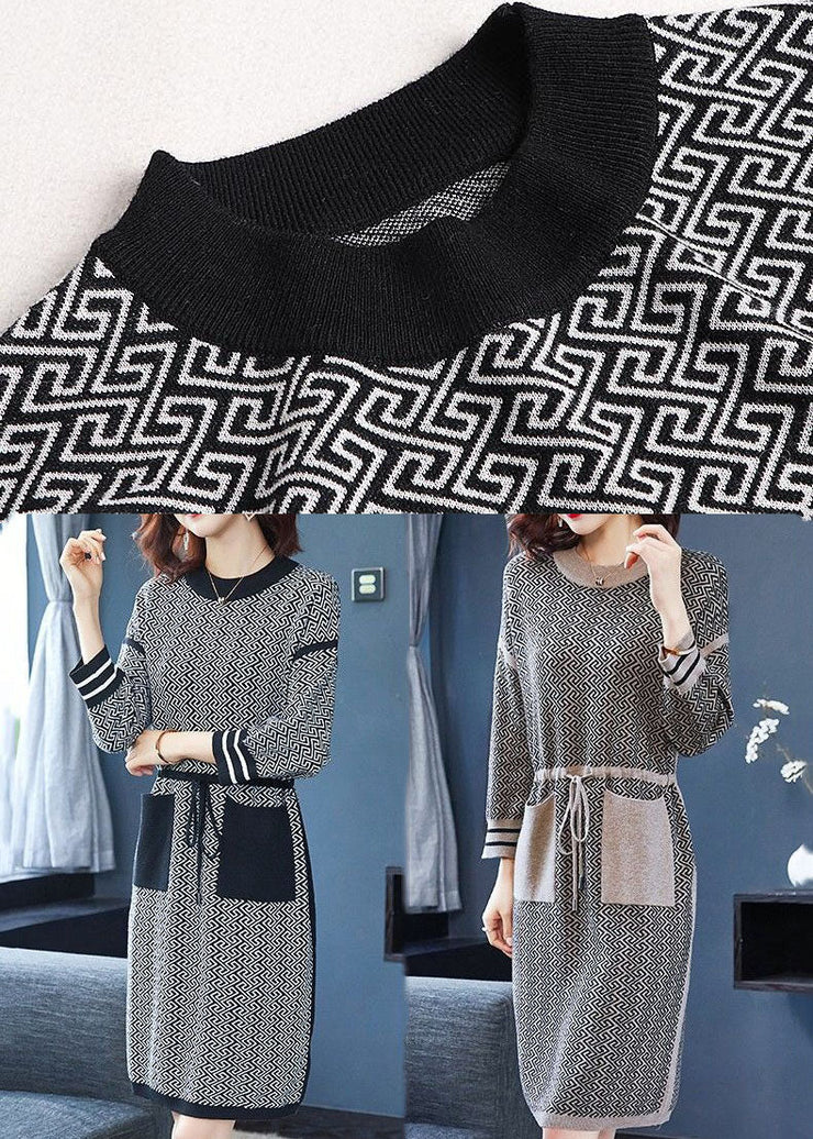 Camel Patchwork Long Knit Dress Pockets Tie Waist Long Sleeve