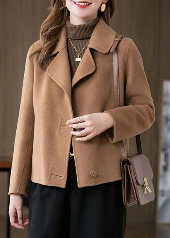 Camel Peter Pan Collar Woolen Coat Long Sleeve