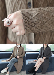 Camel Pockets Patchwork Long Wool Outwear O Neck Button Fall