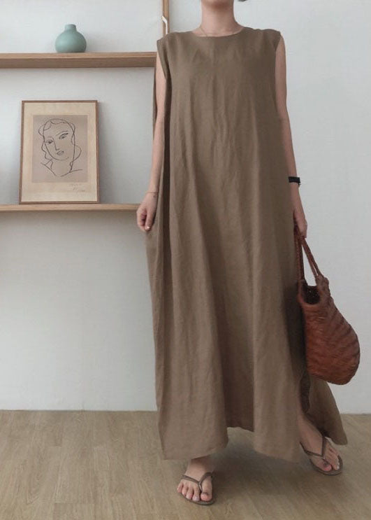 Camel Side Open Cotton Maxi Dresses O Neck Sleeveless