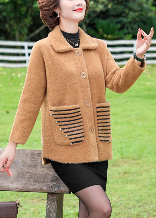 Camel Warm Mink Hair Knitted Coat Outwear Nail Bead Pockets Winter