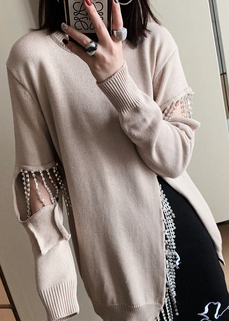 Camel Zircon Side Open Cotton Knit Sweaters O Neck Spring