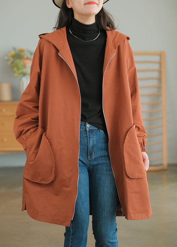 Caramel Fine Cotton Loose Coats Hooded Zippered Fall