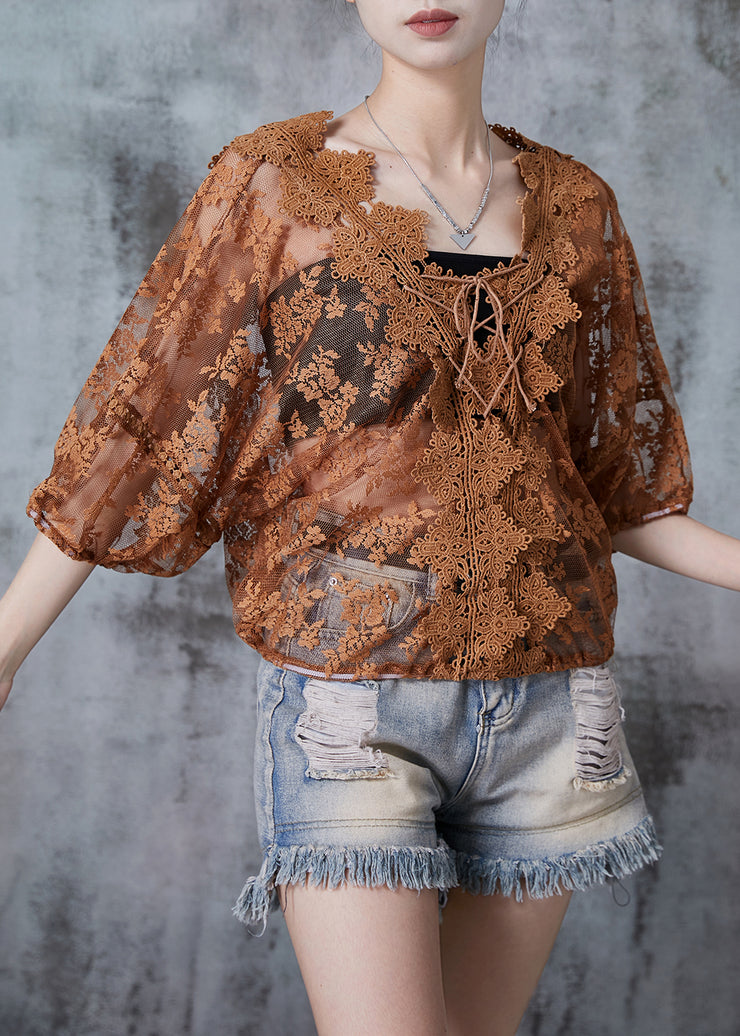 Caramel Hollow Out Lace Blouses Lace Up Summer