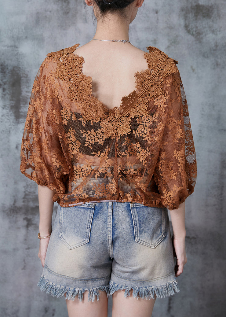 Caramel Hollow Out Lace Blouses Lace Up Summer