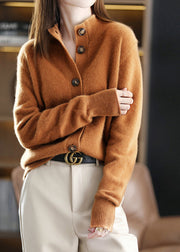 Caramel O-Neck Button Woolen Cardigan Long Sleeve