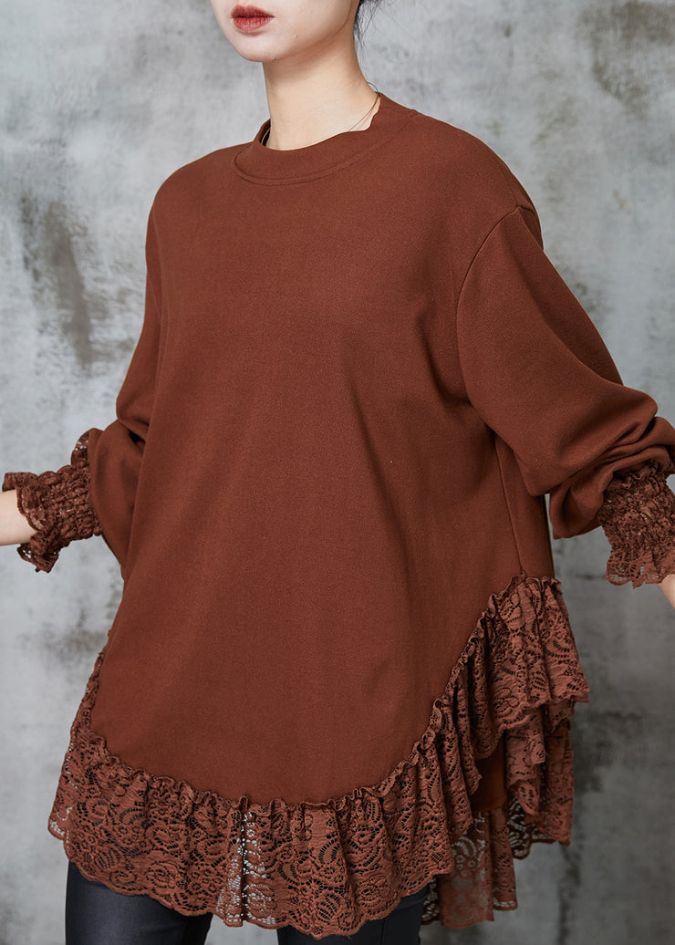 Caramel Patchwork Lace Cotton Loose Sweatshirt Oversized Spring