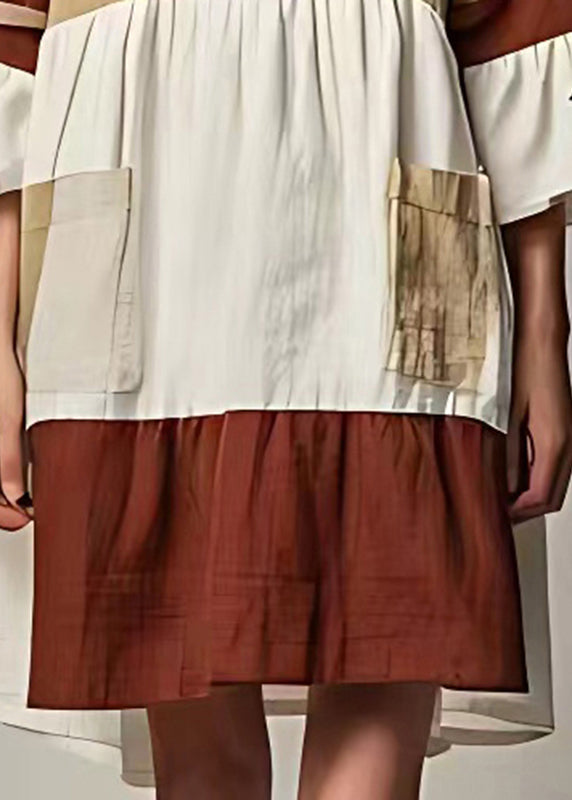 Caramel Patchwork Linen Mid Dress Bow Flare Sleeve