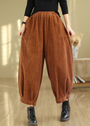 Caramel Pockets Patchwork Corduroy Pants Elastic Waist Fall