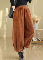 Caramel Pockets Patchwork Corduroy Pants Elastic Waist Fall