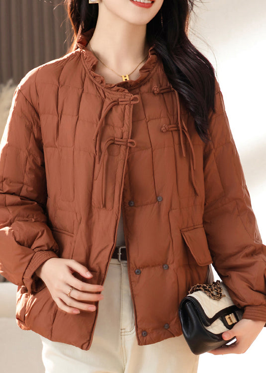 Caramel Tasseled Button Patchwork Fine Cotton Filled Coats Ruffled Winter