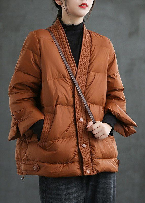 Beige  V Neck Button Thick fashion Winter Duck Down Jackets