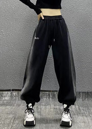 Casual And Comfortable Black Elastic Waist Warm Fleece Beam Pants Winter