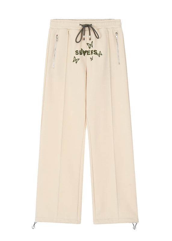 Casual Apricot Butterfly Embroidered Warm Fleece Wide Leg Pants Spring