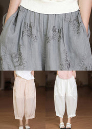 Casual Apricot Embroidered Pockets Linen Crop Pants Summer