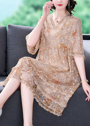 Casual Apricot Embroideried Patchwork Lace A Line Dress Summer