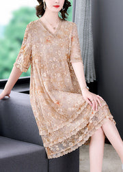 Casual Apricot Embroideried Patchwork Lace A Line Dress Summer