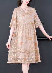 Casual Apricot Embroideried Patchwork Lace A Line Dress Summer