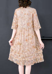 Casual Apricot Embroideried Patchwork Lace A Line Dress Summer