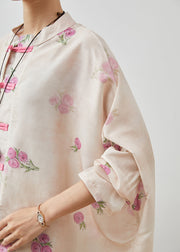 Casual Apricot Floral Chinese Button Linen Loose Shirt Top Spring