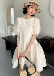 Casual Apricot O Neck Patchwork Wrinkled Cotton Mid Dress Puff Sleeve