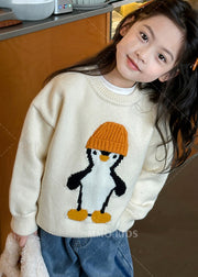 Casual Apricot Penguin Print Cotton Knit Girls Sweater Tops Winter