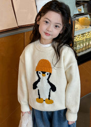 Casual Apricot Penguin Print Cotton Knit Girls Sweater Tops Winter