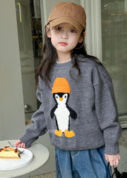 Casual Apricot Penguin Print Cotton Knit Girls Sweater Tops Winter