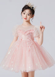 Casual Apricot Puff Sleeve Patchwork Sequins Tulle Kids Girls Robe Dresses Summer