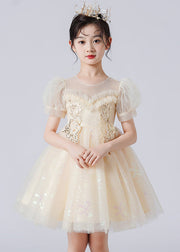 Casual Apricot Puff Sleeve Patchwork Sequins Tulle Kids Girls Robe Dresses Summer