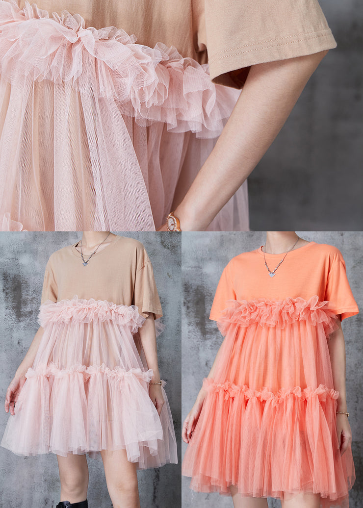 Casual Apricot Ruffled Patchwork Tulle Tea Dress Summer