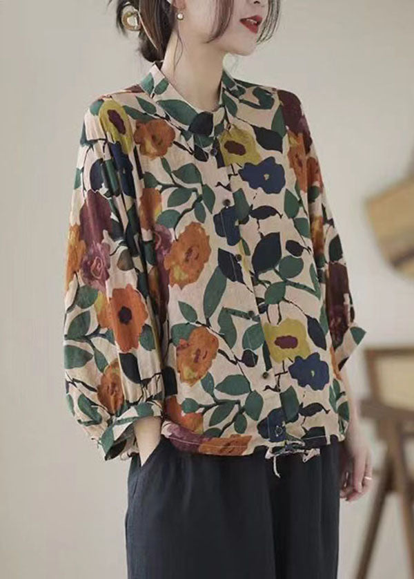 Casual Apricot Stand Collar Print Cotton Shirts Long Sleeve