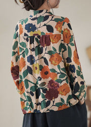 Casual Apricot Stand Collar Print Cotton Shirts Long Sleeve